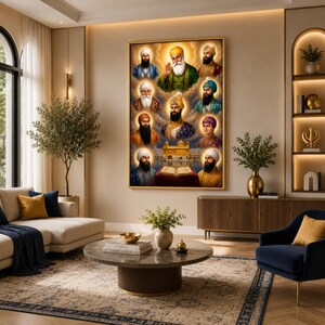 Peut inclure: Une impression d'art mural rectangulaire représentant les portraits de dix gourous sikhs disposés autour d'une image centrale du Temple d'Or et d'un livre ouvert. Les personnages portent des turbans colorés et des tenues traditionnelles.