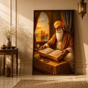 May include: A framed wall art print depicting a bearded person wearing an orange turban and robes, reading an open book. The scene features a golden temple in the background at sunset, with warm lighting, a lit oil lamp, and prayer beads on the table.