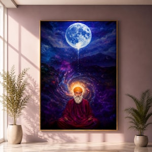 Peut inclure: Une impression d'art mural rectangulaire représentant une personne à barbe blanche portant un turban orange, assise en position de méditation. Le fond montre une galaxie violette et bleue avec une grande pleine lune brillante au-dessus.
