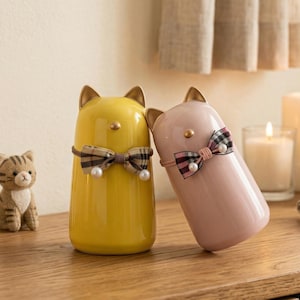 Handmade Ceramic Cat Pet Urn, Custom Text Sealed Ash Jar, 450ml Bowtie Cat Memorial Keepsake, White/Black/Pink/Yellow