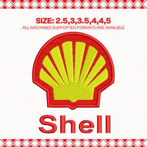 May include: Embroidered Shell logo in red and yellow. The logo is a stylized scallop shell shape with yellow rays emanating from the center. The word "Shell" is embroidered in red below the logo. Text at the top reads "SIZE: 2.5,3,3.5,4,4.5".