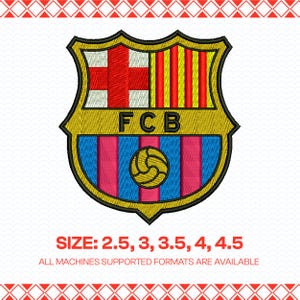 Puede incluir: Parche bordado con el escudo del FC Barcelona. El escudo, con forma de escudo y borde dorado, incluye la bandera catalana, rayas verticales y un balón de fútbol. El texto en la parte inferior dice "SIZE: 2.5, 3, 3.5, 4, 4.5".