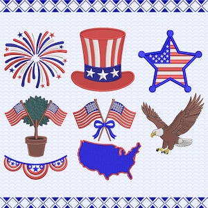 Puede incluir: Colección de diseños de bordado patrióticos en rojo, blanco y azul. Incluye un sombrero de copa, una estrella, fuegos artificiales, banderas, un águila, un mapa de los Estados Unidos y una pancarta decorativa.