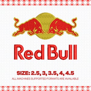 May include: Red Bull logo design featuring two red bulls flanking a yellow sun, with the brand name in red below. The text "SIZE: 2.5, 3, 3.5, 4, 4.5" is displayed, along with "ALL MACHINES SUPPORTED FORMATS ARE AVAILABLE".