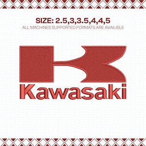 May include: Red embroidered Kawasaki logo with the brand name below. The text "SIZE: 2.5,3,3.5,4,4.5" and "ALL MACHINES SUPPORTED FORMATS ARE AVAILIBLE" are also included. The design is on a white background.