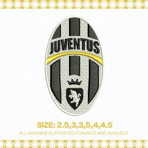 May include: An embroidered Juventus logo patch. The oval patch features black and white vertical stripes, with the word "JUVENTUS" in black above a yellow stripe. Below the stripe is a crest with a crown and a lion.