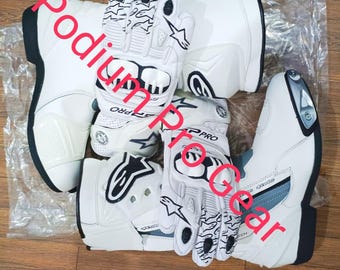 Alpinestars GP Pro Leather Gloves & Supertech R Racing Boots Combo - Professional White Motorcycle Gear Set - Track Ready Protective Armor