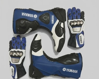 Yamaha Racing Leather Gloves & Boots Set – Blue/White Biker Combo-Motorcycle accessories