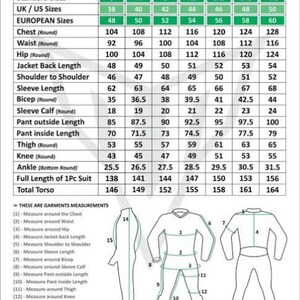 May include: A Motorbike Suit Size Chart featuring a table with standard sizes from S to 4XL, including UK, US, and European measurements in centimeters for chest, waist, hip, and limb lengths, alongside a diagram illustrating measurement points.