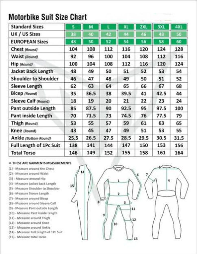 May include: A Motorbike Suit Size Chart featuring a table with standard sizes from S to 4XL, including UK, US, and European measurements in centimeters for chest, waist, hip, and limb lengths, alongside a diagram illustrating measurement points.