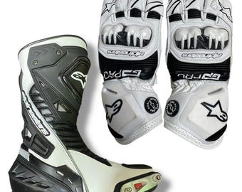 Alpinestars GP Pro Racing Gloves & Supertech R Boots Set - White/Black Professional Motorcycle Track Gear