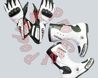 Ducati Leather Motorcycle Gear Set – White & Black Racing Boots and Gloves-Motorcycle accessories