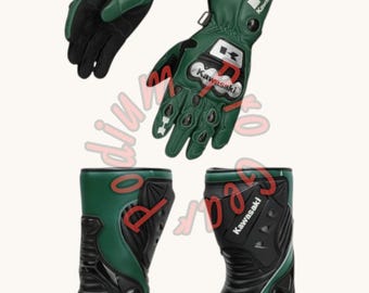 Kawasaki Ninja ZX-14 Racing Gloves and Boots Set – Green Leather Motorcycle Gear-Motorcycle accessories