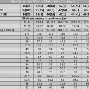 Peut inclure: Tableau des tailles pour combinaisons de course moto pour hommes, avec mesures en centim&egrave;tres. Tailles de 46(XS) &agrave; 60(4XL), d&eacute;taillant poitrine, taille, hanches et autres dimensions.