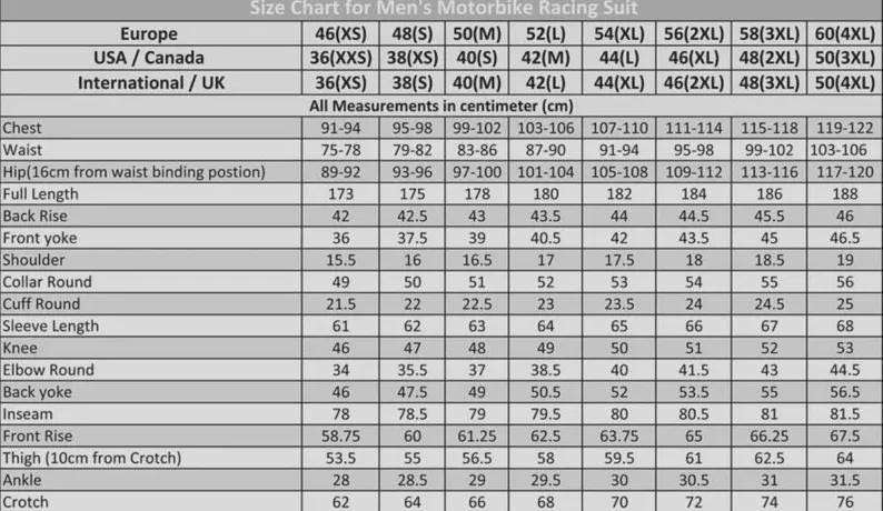 Peut inclure: Tableau des tailles pour combinaisons de course moto pour hommes, avec mesures en centim&egrave;tres. Tailles de 46(XS) &agrave; 60(4XL), d&eacute;taillant poitrine, taille, hanches et autres dimensions.
