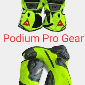 May include: A pair of neon yellow and black motorcycle gloves with protective knuckle guards and VR46 branding, alongside a pair of matching neon yellow and black motorcycle boots featuring the Dainese logo and metallic toe sliders. Text reads Podium Pro Gear.