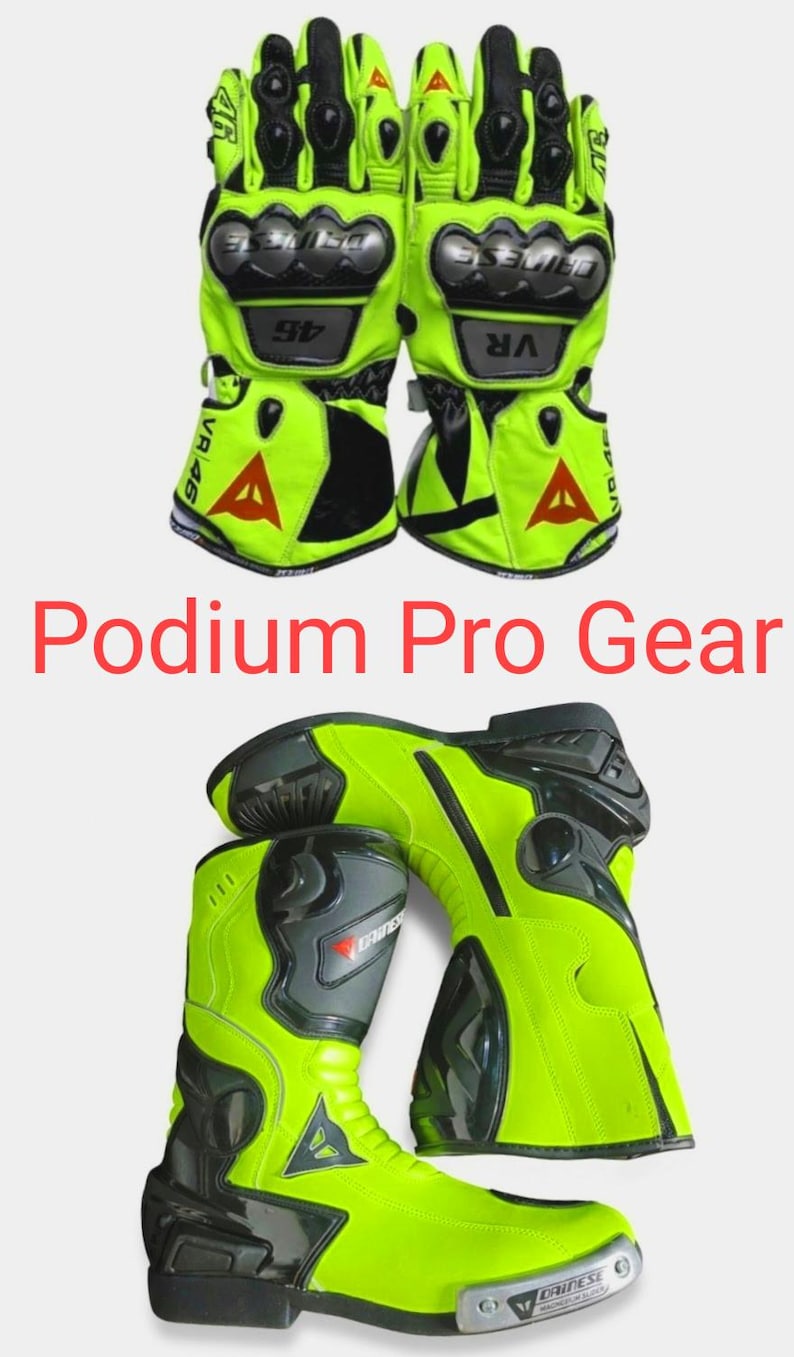 May include: A pair of neon yellow and black motorcycle gloves with protective knuckle guards and VR46 branding, alongside a pair of matching neon yellow and black motorcycle boots featuring the Dainese logo and metallic toe sliders. Text reads Podium Pro Gear.