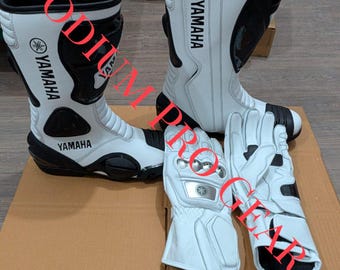 Yamaha White Racing Boots and Gauntlet Gloves – Leather Sportbike Track Gear -Motorcycle accessories