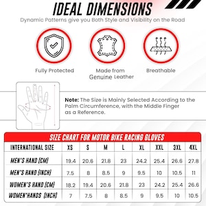 May include: Image of a size chart for motor bike racing gloves. The chart includes international sizes XS to 4XL, with measurements in inches and centimeters for men's and women's hands. The image also includes icons for protection, leather, and breathability.