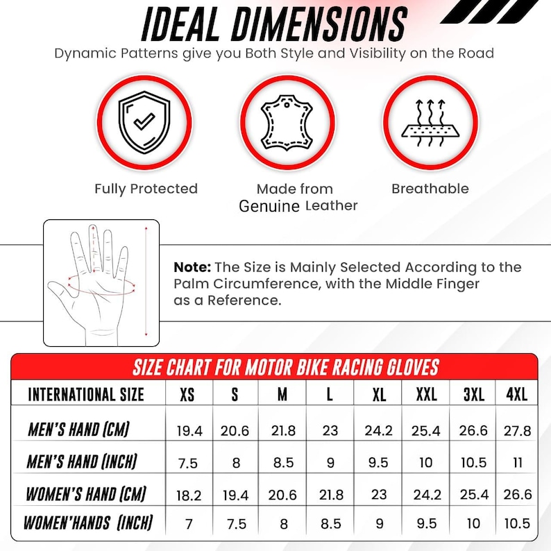 May include: Image of a size chart for motor bike racing gloves. The chart includes international sizes XS to 4XL, with measurements in inches and centimeters for men's and women's hands. The image also includes icons for protection, leather, and breathability.