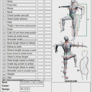 May include: A white Tailor Made body measurement performa sheet featuring a numbered list of 24 body parts to measure in centimeters, alongside two gray 3D human figures illustrating measurement points and a blank space for front and side photos.