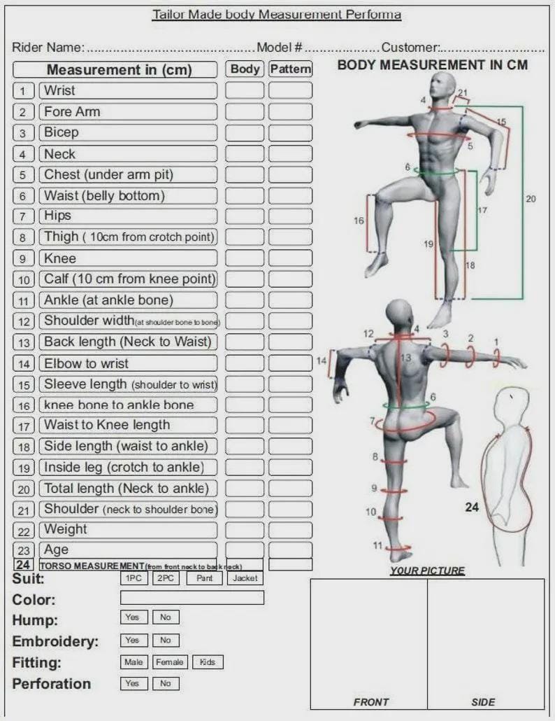 May include: A white Tailor Made body measurement performa sheet featuring a numbered list of 24 body parts to measure in centimeters, alongside two gray 3D human figures illustrating measurement points and a blank space for front and side photos.