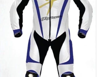 Suzuki Hayabusa Racing Leather Suit – Blue White One-Piece Motorcycle Track Gear-Motorcycle accessories