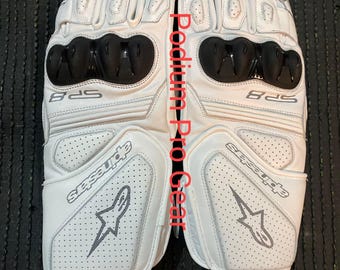 Alpinestars SP8 Style Racing Gloves - White Perforated Leather - Carbon Knuckle Protection - Full Gauntlet