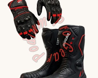 Ducati Leather Motorcycle Gear Set – White & Black Racing Boots and Gloves-Motorcycle accessories