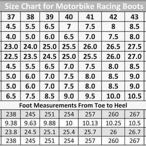 May include: A size chart for motorbike racing boots with a grid displaying international sizing conversions for Europe, UK, Japan, Australia, USA, and Canada, alongside foot measurements in millimeters, inches, centimeters, and Mondopoint.