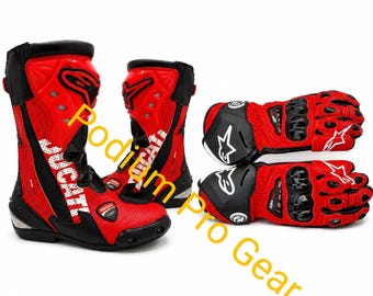 Alpinestars and Ducati Corse Racing Boots & GP Pro Gloves Set Leather Motorcycle Track Gear Red