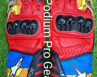 Alpinestars GP Pro Custom Mosaic Edition Racing Gloves - Red/Blue/Yellow Stained Glass Graphic - Professional Leather Track Gear