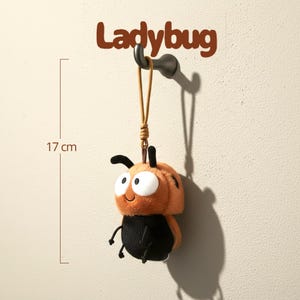 May include: A plush ladybug toy, approximately 6.7 inches (17 cm) long, hangs from a hook. The toy is orange and black with large white eyes and a smiling expression. The word "Ladybug" is above the hook.
