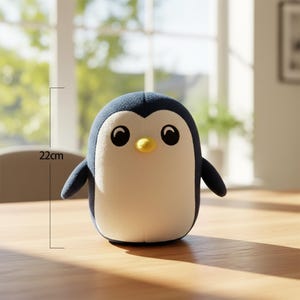 Puede incluir: Un peluche de pingüino, de unos 22 cm de altura, con cabeza y alas azul marino, cuerpo blanco y pico amarillo. El pingüino tiene ojos grandes y redondos de color negro. Está sobre una superficie de madera.