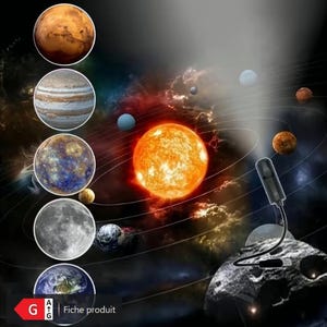 Może przedstawiać: Cyfrowa ilustracja układu słonecznego, z planetami takimi jak Mars, Jowisz i Ziemia, orbitującymi wokół jasnego słońca. Czarne urządzenie jest podłączone do skalistej powierzchni, z tekstem "Fiche produit" na dole.