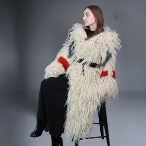 Handmade Mongolian Fur Style Coat Folk Ethnic Shaggy Knit Cardigan Custom Tribal Geometric Pattern Loop Yarn Duster Boho Long Winter Jacket