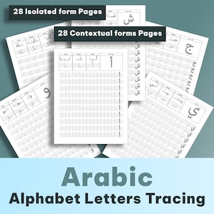 Pode incluir: Um conjunto de páginas de papel branco com exercícios de traçado do alfabeto árabe. As páginas estão dispostas em forma de leque, com texto em árabe e inglês. As frases "28 Isolated form Pages" e "28 Contextual forms Pages" são visíveis. O título "Arabic Alphabet Letters Tracing" está na parte inferior.
