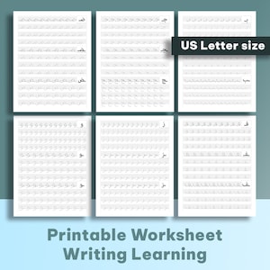 K&ouml;nnte beinhalten: Sechs wei&szlig;e, bedruckbare Arbeitsbl&auml;tter zum &Uuml;ben des arabischen Schreibens. Die Arbeitsbl&auml;tter sind mit "US Letter size" beschriftet und enthalten den Text "Printable Worksheet Writing Learning".