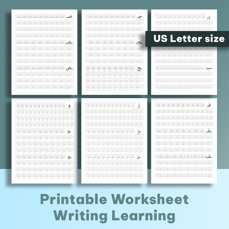 K&ouml;nnte beinhalten: Sechs wei&szlig;e, bedruckbare Arbeitsbl&auml;tter zum &Uuml;ben des arabischen Schreibens. Die Arbeitsbl&auml;tter sind mit "US Letter size" beschriftet und enthalten den Text "Printable Worksheet Writing Learning".
