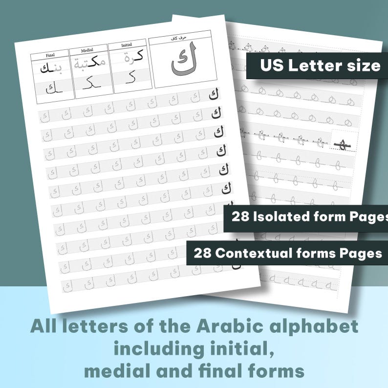 K&ouml;nnte beinhalten: Zwei wei&szlig;e Seiten im US Letter-Format mit &Uuml;bungsbl&auml;ttern f&uuml;r das arabische Alphabet. Die Bl&auml;tter enthalten Anfangs-, Mittel- und Endformen der Buchstaben. Der Text enth&auml;lt "28 Isolated form Pages" und "28 Contextual forms Pages".