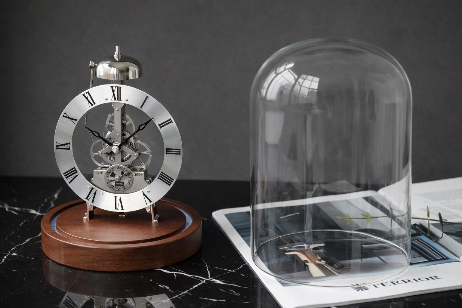 Solid Walnut Wood Mechanical Alarm Clock With Glass Dome – Vintage ...