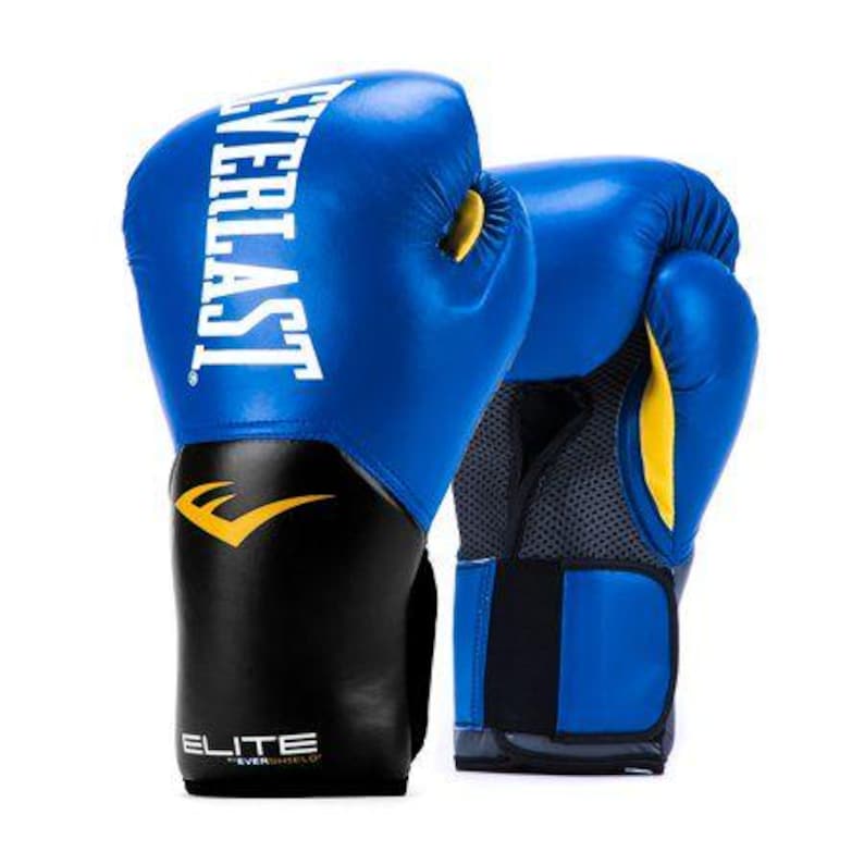 May include: A pair of blue and black boxing gloves. The word "EVERLAST" is printed in white on the top of the gloves. The gloves have yellow accents and the word "ELITE" is printed on the wrist area.