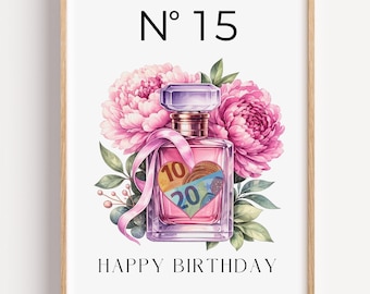 Money gift for a girl's 15th birthday, creatively packaged money as luxury perfume, last-minute birthday card | PDF template for printing