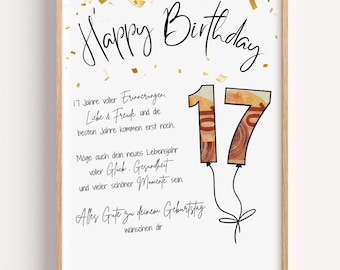 Regalo de dinero para el 17º cumpleaños - Idea de regalo imprimible para descargar - Hazlo tú mismo a última hora - 17 años - Plantilla de tarjeta de vale - Dar dinero