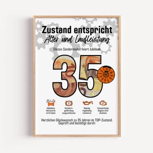 35th birthday money gift for men & women, gift for car lovers, "MOT condition corresponds to age and mileage" printable template