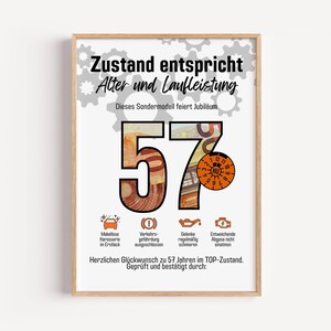 57th birthday money gift for men & women, gift for car lovers, "MOT condition corresponds to age and mileage" printable template