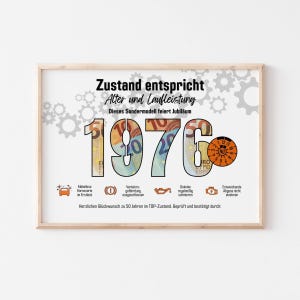 Grappig cadeau voor de 50e verjaardag, voor mannen en vrouwen: een oldtimer uit 1976 met TÜV-sticker en de tekst "Conditie passend voor de leeftijd".