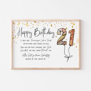 May include: A rectangular framed print featuring the text Happy Birthday and a large number 21 designed with a euro banknote pattern. The print includes German birthday wishes, gold confetti accents, and two balloon strings attached to the number 21.