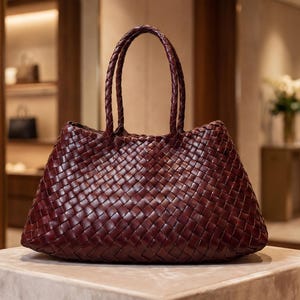 May include: A burgundy woven leather tote bag with braided handles. The bag has a trapezoid shape and sits on a neutral-colored surface. The background shows a store interior with other bags on display.