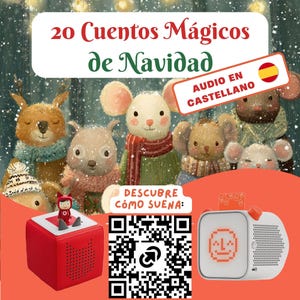 May include: A digital audio player featuring a red cube speaker with a small character figure on top and a white square speaker with a pixelated face display. The image includes a QR code and text reading 20 Cuentos Mágicos de Navidad.